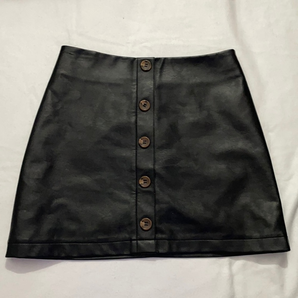 Forever 21 faux black leather skirt with brown buttons
